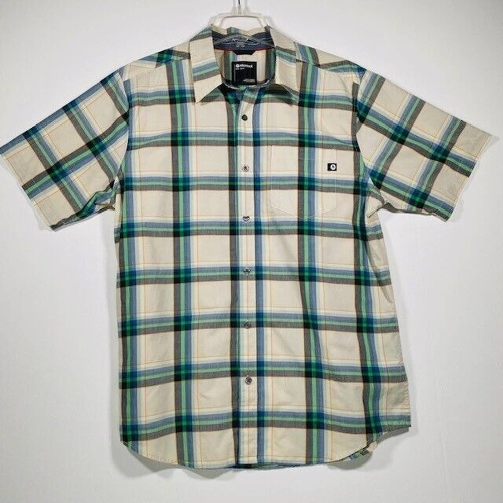 Marmot Button Up Men's Short Sleeve Shirt Beige Green Blue Plaid Size L